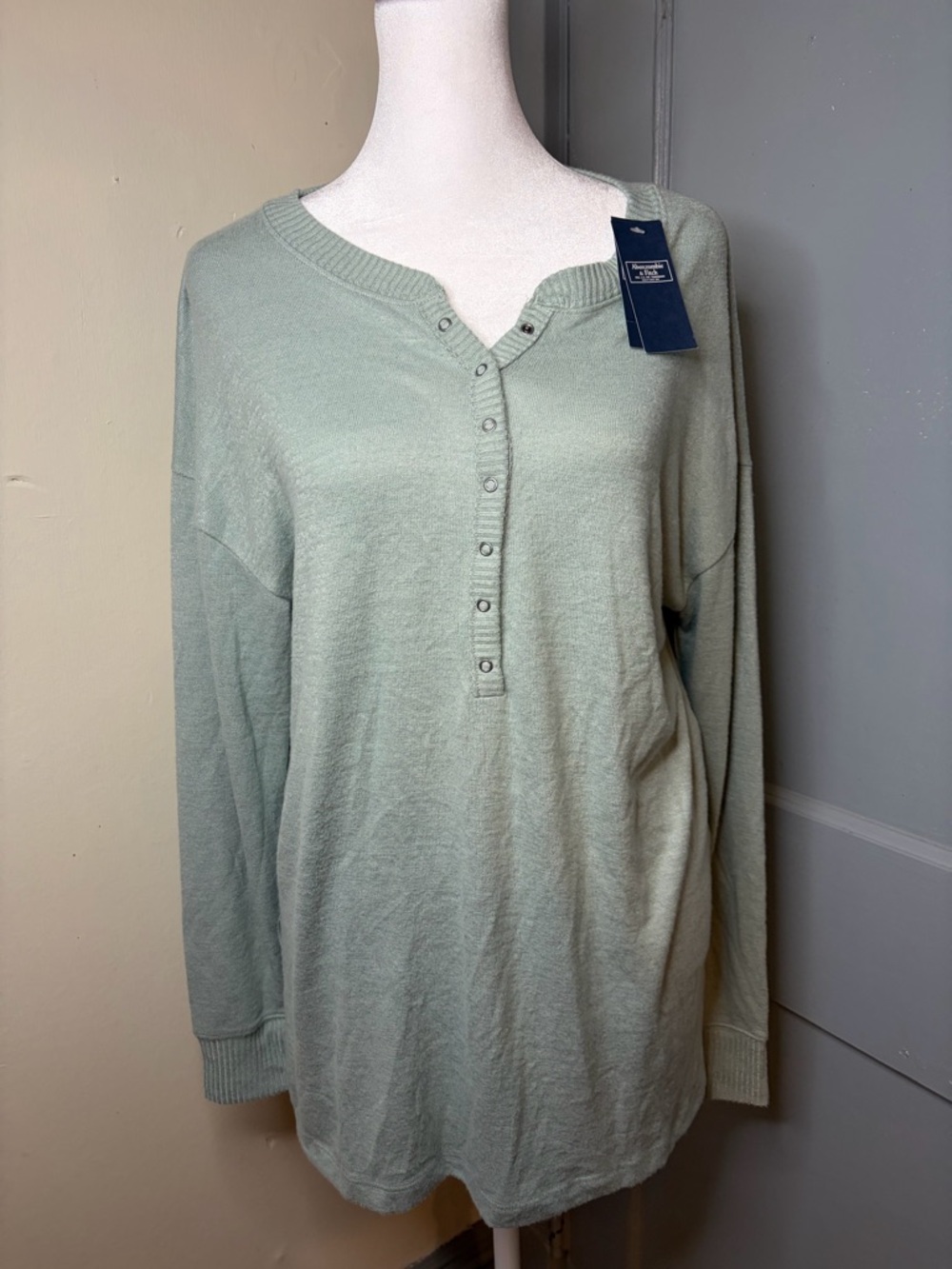 Abercrombie & Fitch Sage Green Henley Long-Sleeve Top